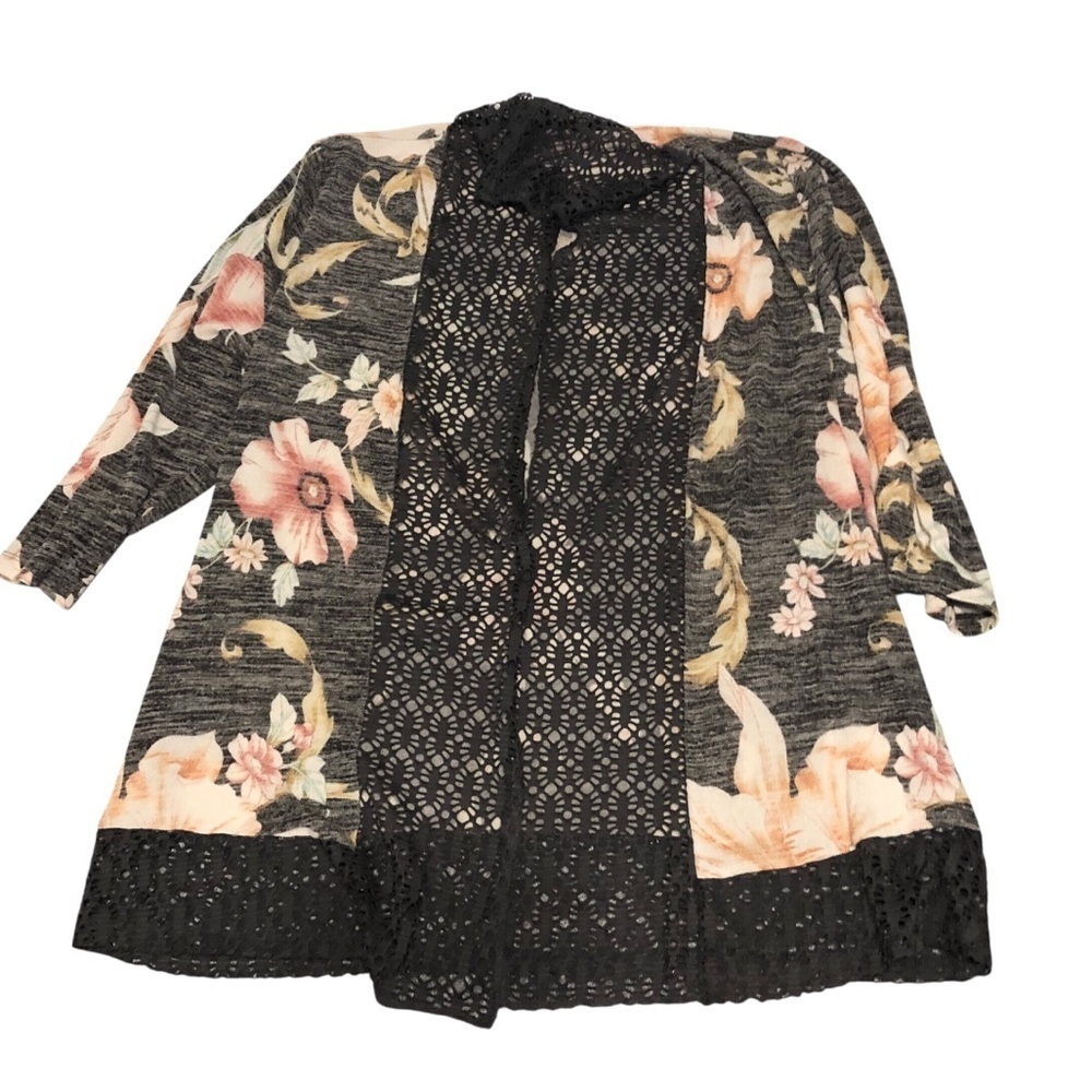 Chicos Sz 2 L Crochet Lace Trim Floral Kimono Boho Festival Feminine Cardigan - Picture 6 of 10